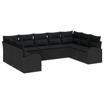 9 Piece Garden Sofa Set with Cushions Black Poly Rattan