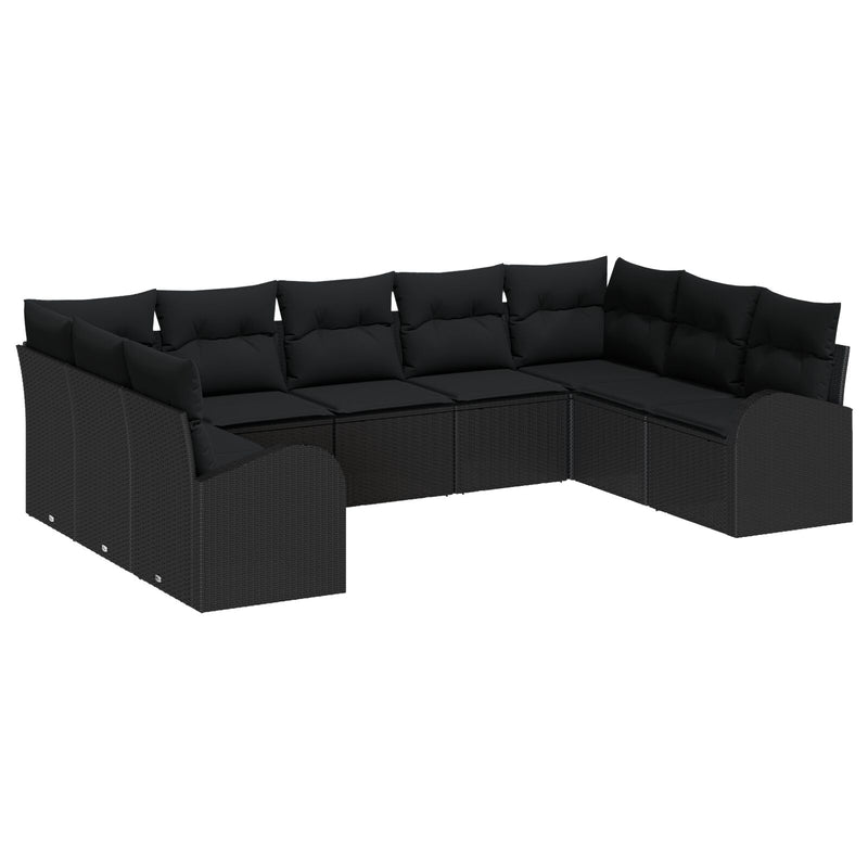 9 Piece Garden Sofa Set with Cushions Black Poly Rattan