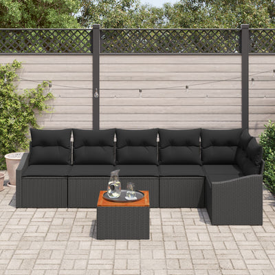 7 Piece Garden Sofa Set with Cushions Black Poly Rattan Acacia