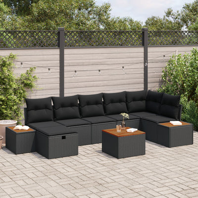 8 Piece Garden Sofa Set with Cushions Black Poly Rattan