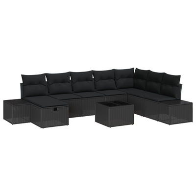9 Piece Garden Sofa Set with Cushions Black Poly Rattan