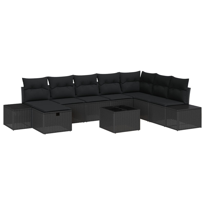9 Piece Garden Sofa Set with Cushions Black Poly Rattan