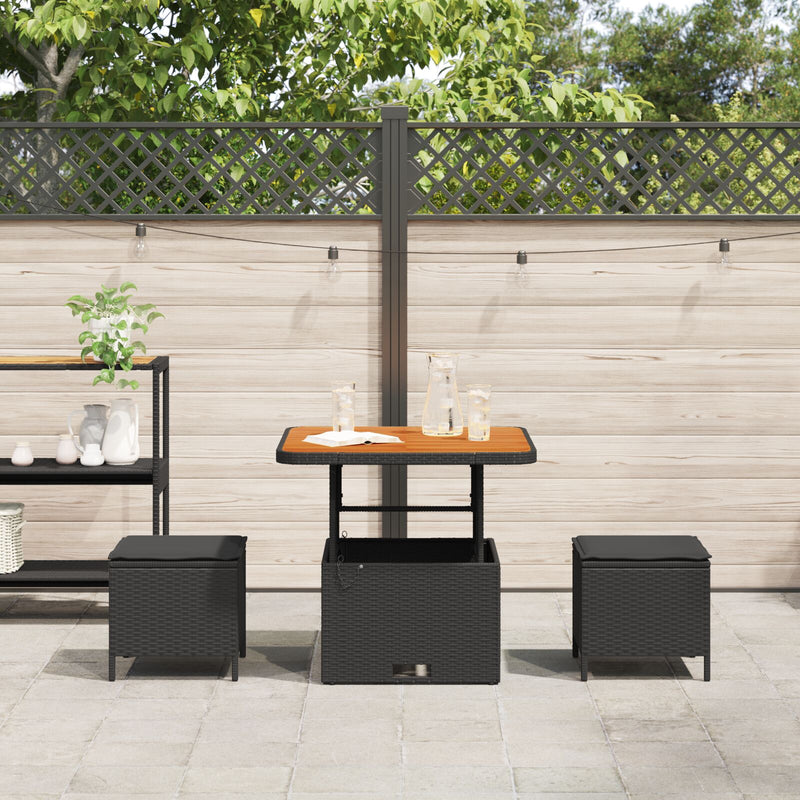 3 Piece Garden Dining Set with Cushions Black Poly Rattan Acacia