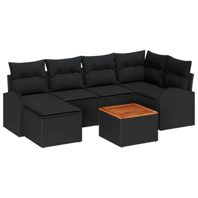 7 Piece Garden Sofa Set with Cushions Black Poly Rattan Acacia