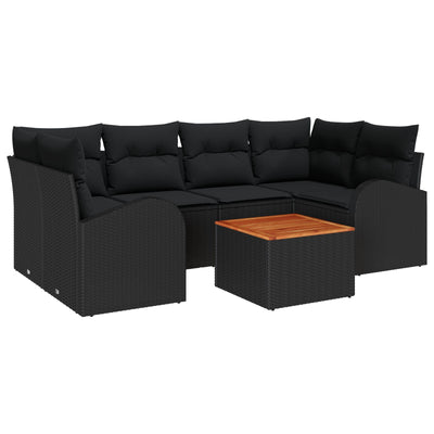 7 Piece Garden Sofa Set with Cushions Black Poly Rattan Acacia