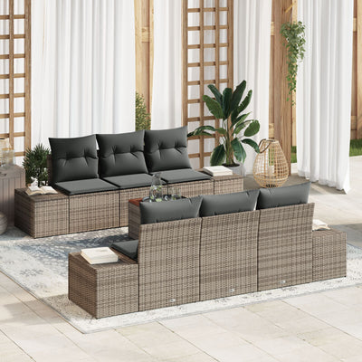 7 Piece Garden Sofa Set with Cushions Grey Poly Rattan Acacia