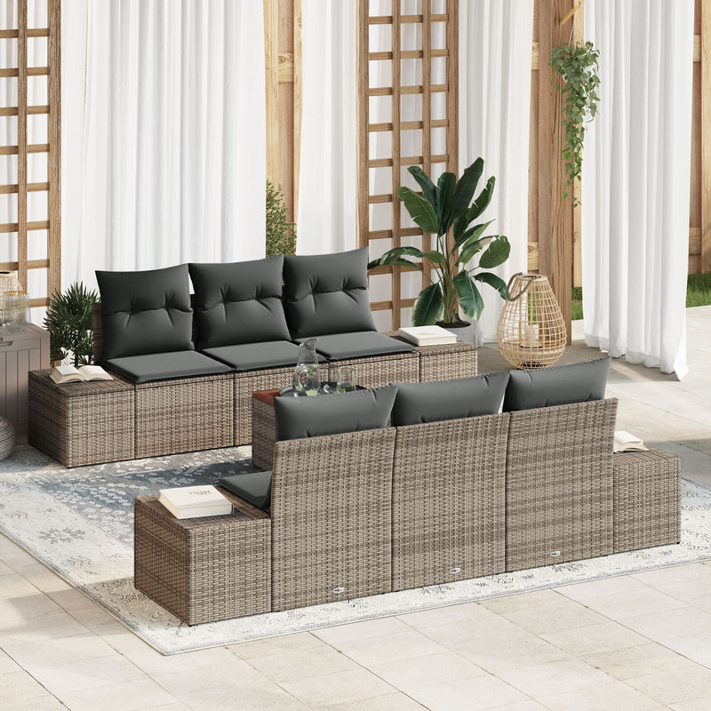 7 Piece Garden Sofa Set with Cushions Grey Poly Rattan Acacia