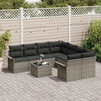 9 Piece Garden Sofa Set with Cushions Grey Poly Rattan