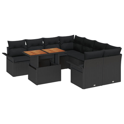 9 Piece Garden Sofa Set with Cushions Black Poly Rattan Acacia