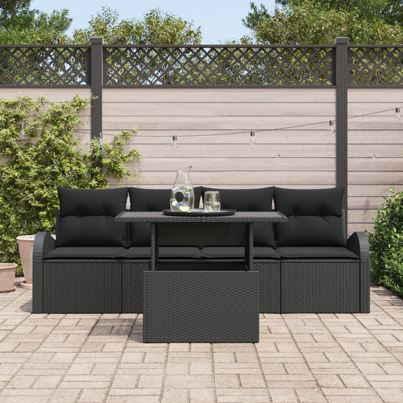 5 Piece Garden Sofa Set with Cushions Black Poly Rattan