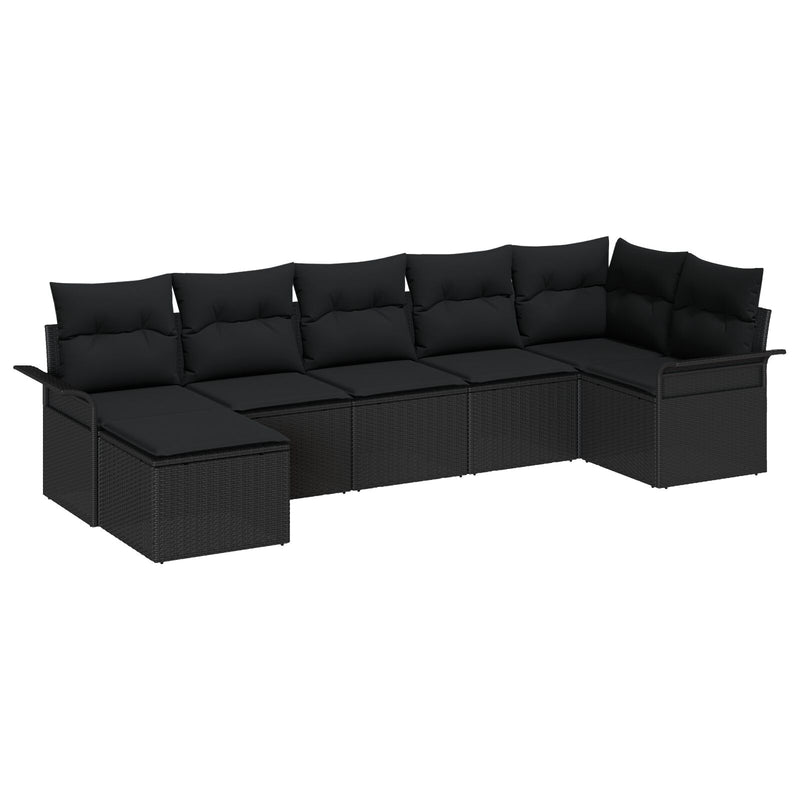 7 Piece Garden Sofa Set with Cushions Black Poly Rattan