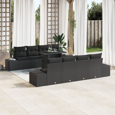 9 Piece Garden Sofa Set with Cushions Black Poly Rattan