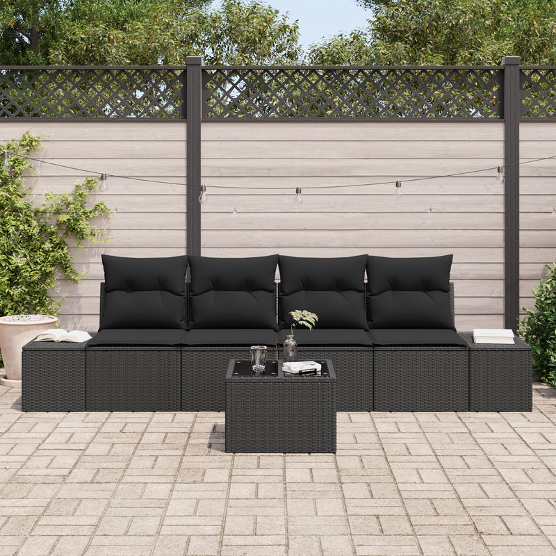 5 Piece Garden Sofa Set with Cushions Black Poly Rattan