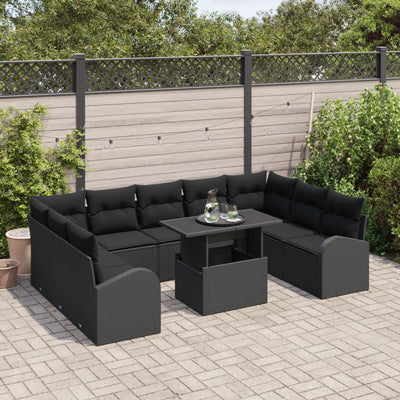 10 Piece Garden Sofa Set with Cushions Black Poly Rattan