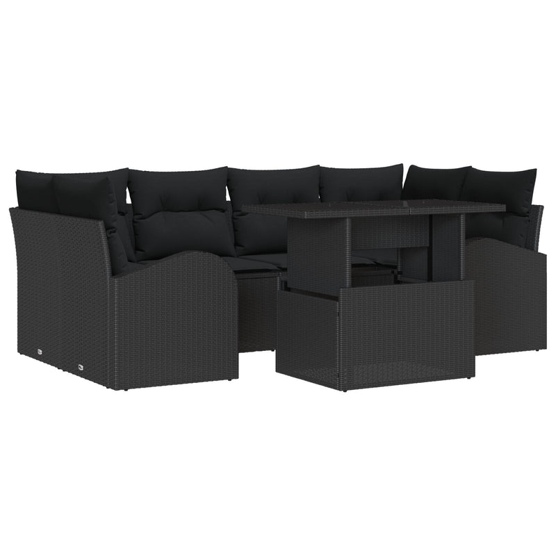 7 Piece Garden Sofa Set with Cushions Black Poly Rattan