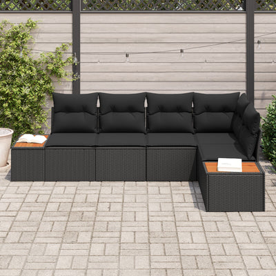 5 Piece Garden Sofa Set with Cushions Black Poly Rattan Acacia