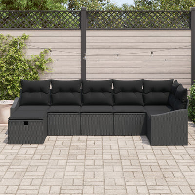 7 Piece Garden Sofa Set with Cushions Black Poly Rattan