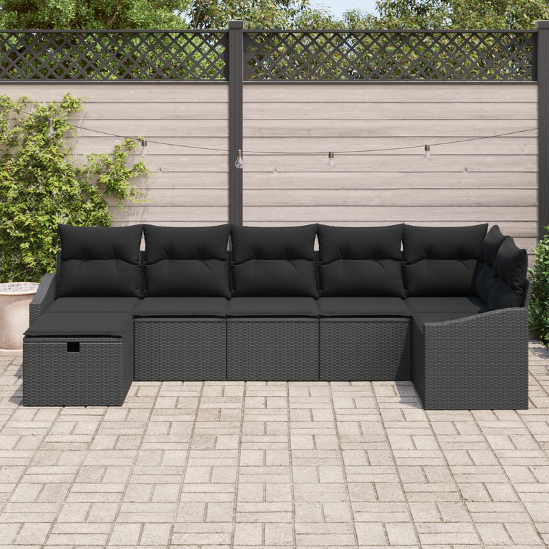 7 Piece Garden Sofa Set with Cushions Black Poly Rattan