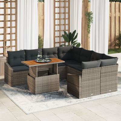 9 Piece Garden Sofa Set with Cushions Grey Poly Rattan