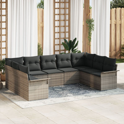 9 Piece Garden Sofa Set with Cushions Grey Poly Rattan
