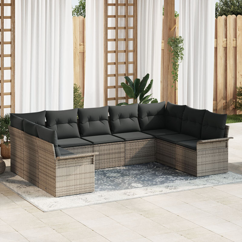 9 Piece Garden Sofa Set with Cushions Grey Poly Rattan