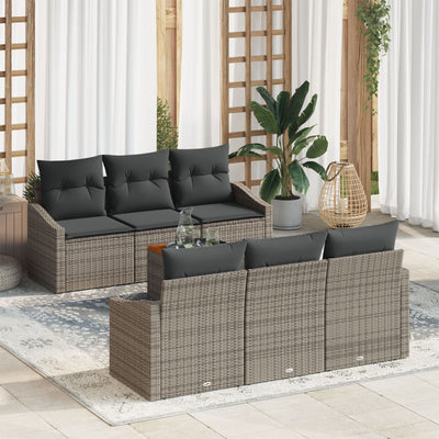 7 Piece Garden Sofa Set with Cushions Grey Poly Rattan Acacia