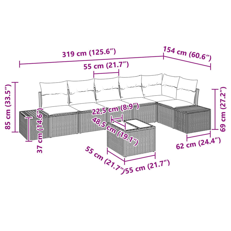 7 Piece Garden Sofa Set with Cushions Beige Poly Rattan