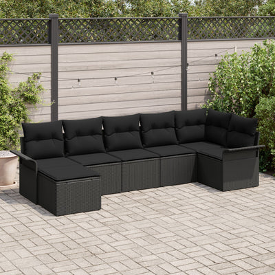 7 Piece Garden Sofa Set with Cushions Black Poly Rattan