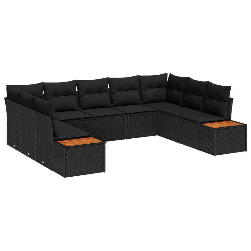9 Piece Garden Sofa Set with Cushions Black Poly Rattan Acacia