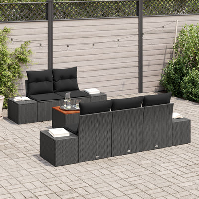 6 Piece Garden Sofa Set with Cushions Black Poly Rattan Acacia