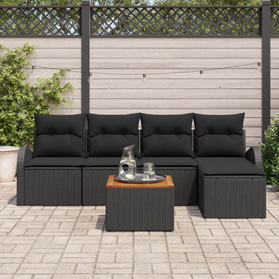 6 Piece Garden Sofa Set with Cushions Black Poly Rattan Acacia