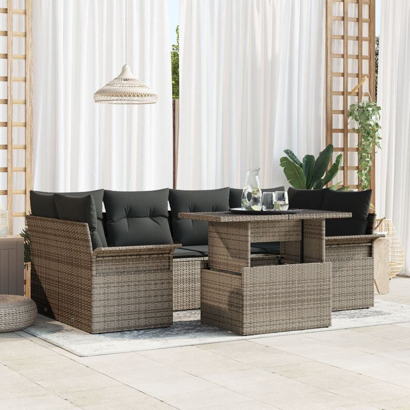 7 Piece Garden Sofa Set with Cushions Grey Poly Rattan