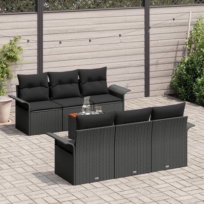 7 Piece Garden Sofa Set with Cushions Black Poly Rattan Acacia