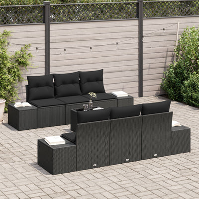 7 Piece Garden Sofa Set with Cushions Black Poly Rattan