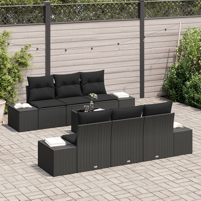 7 Piece Garden Sofa Set with Cushions Black Poly Rattan