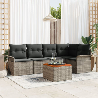6 Piece Garden Sofa Set with Cushions Grey Poly Rattan Acacia