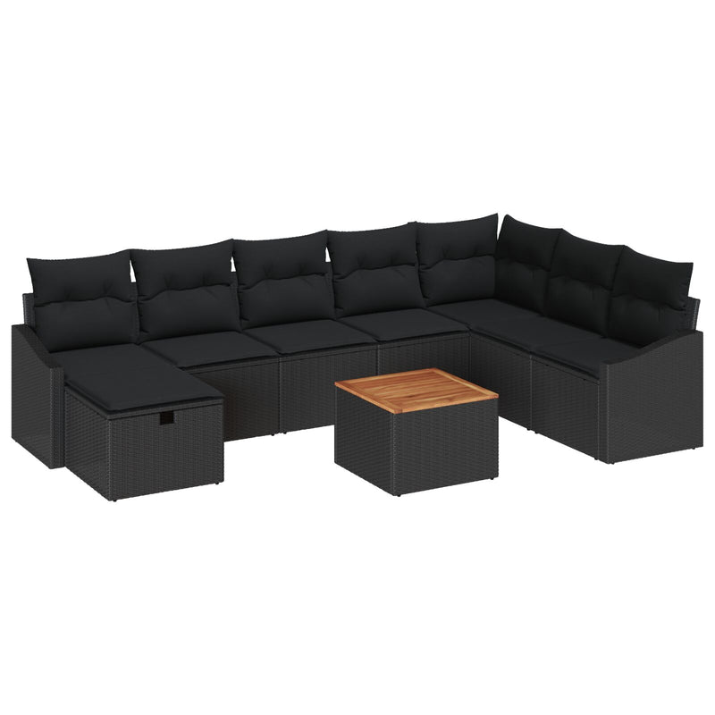 9 Piece Garden Sofa Set with Cushions Black Poly Rattan