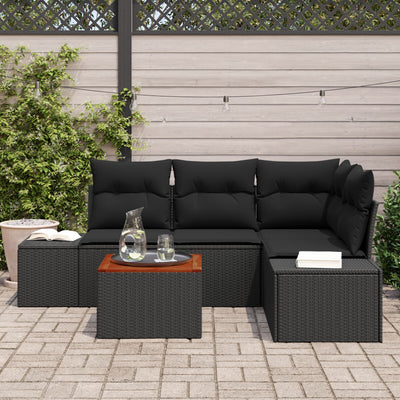 5 Piece Garden Sofa Set with Cushions Black Poly Rattan Acacia