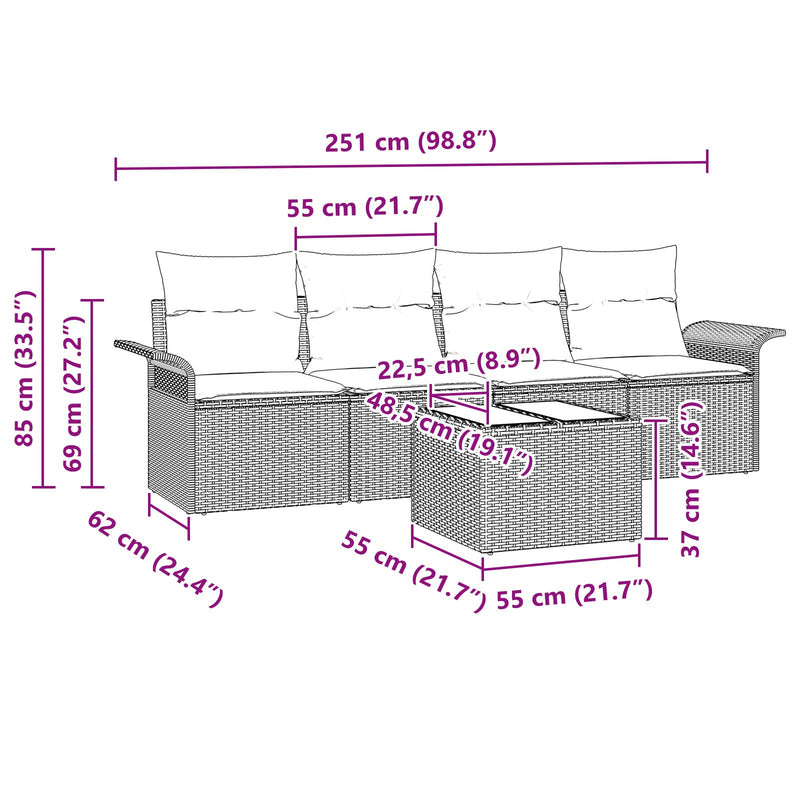 5 Piece Garden Sofa Set with Cushions Grey Poly Rattan