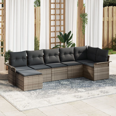 7 Piece Garden Sofa Set with Cushions Grey Poly Rattan