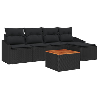 6 Piece Garden Sofa Set with Cushions Black Poly Rattan Acacia