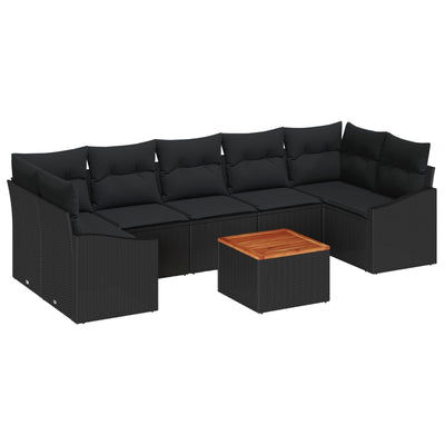 8 Piece Garden Sofa Set with Cushions Black Poly Rattan Acacia