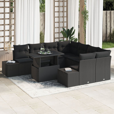 9 Piece Garden Sofa Set with Cushions Black Poly Rattan