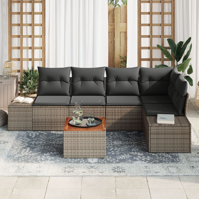 6 Piece Garden Sofa Set with Cushions Grey Poly Rattan Acacia