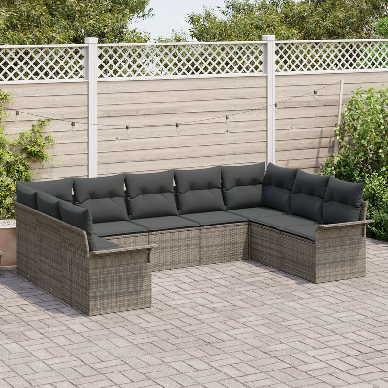 9 Piece Garden Sofa Set with Cushions Grey Poly Rattan