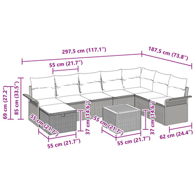 9 Piece Garden Sofa Set with Cushions Grey Poly Rattan