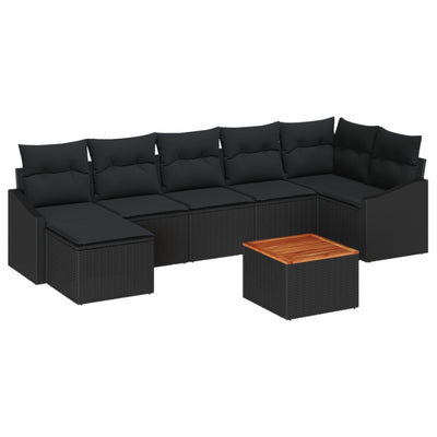 8 Piece Garden Sofa Set with Cushions Black Poly Rattan Acacia