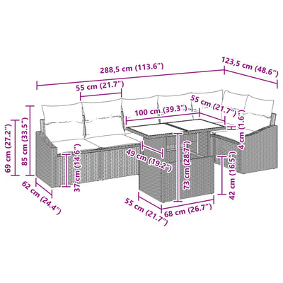 7 Piece Garden Sofa Set with Cushions Grey Poly Rattan