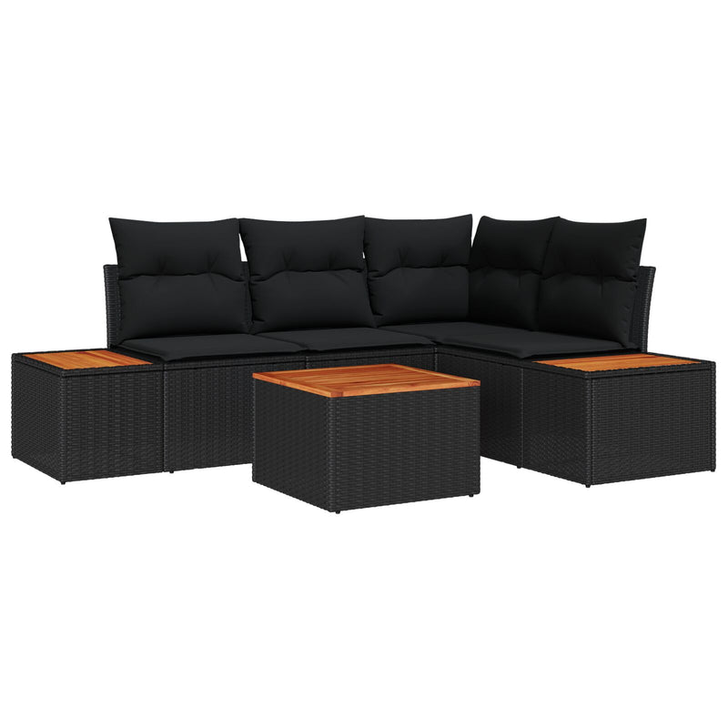 5 Piece Garden Sofa Set with Cushions Black Poly Rattan Acacia