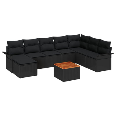 9 Piece Garden Sofa Set with Cushions Black Poly Rattan Acacia